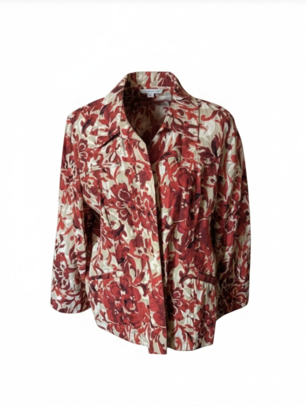 Floral Linen Blend Red/Tan Jacket  Coastal Cottagecore Quality Preppy Sz 16